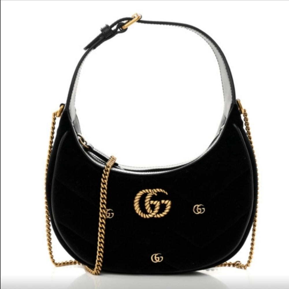 Gucci Velvet Matelasse Double G Studs Torchon GG Marmont Half Moon Hobo Bag